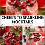Sparkling cranberry mocktail in festive glass with rosemary and cranberries for Mocktails For Christmas and New Year’s Eve.